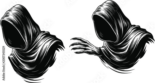 Tableau sur toile Dark hooded faceless figures with eerie reaching hand in gothic horror illustrat