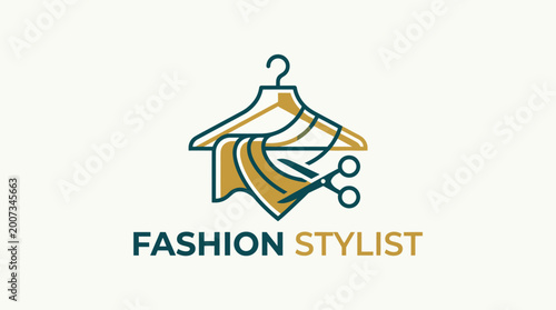 Foto A sleek logo design featuring a hanger with fabric drapes and scissors, symbolizing the fashion industry and creativity for a fashion stylist brand promoting style and uniqueness