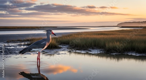 Bird standing in shallow water at sunset reflected on calm surface