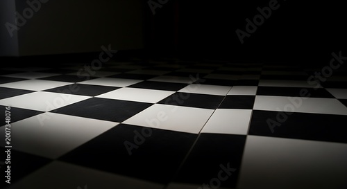 Black and white checkerboard floor illuminated with dramatic lighting