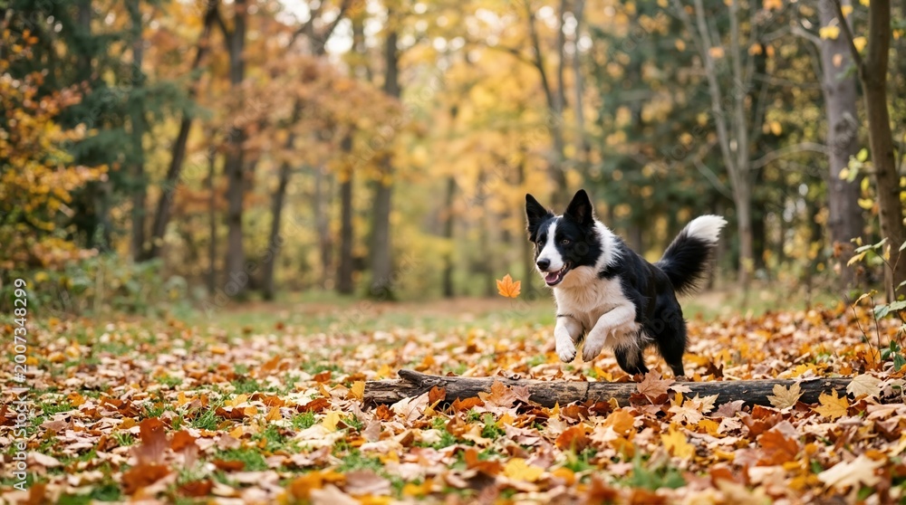 Obraz premium Border Collie playing in autumn forest. Black and white dog jumping over log on fallen leaves. Active pet in fall nature