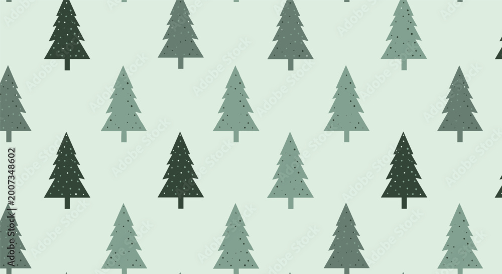 Obraz premium Simple and minimalist pattern showing rows of various green pine trees on a soft light green background for winter themes.