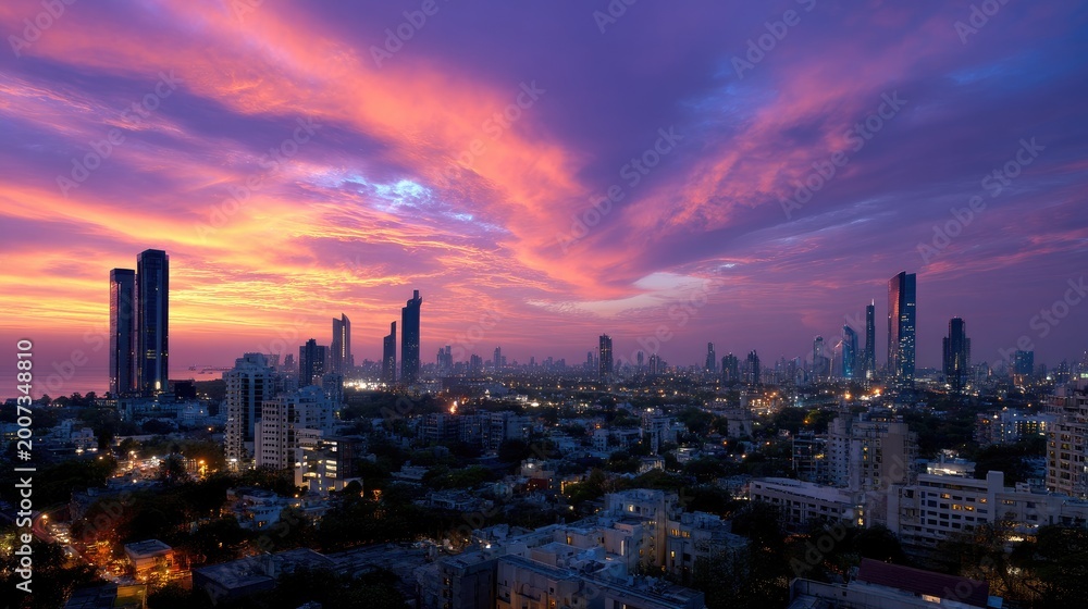 Fototapeta premium Vibrant Sunset Over City Skyline with Towering Buildings and Scenic Clouds