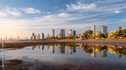 Waterfront View of Modern City Skyline Reflecting in Calm Water at Sunrise with Clear Sky