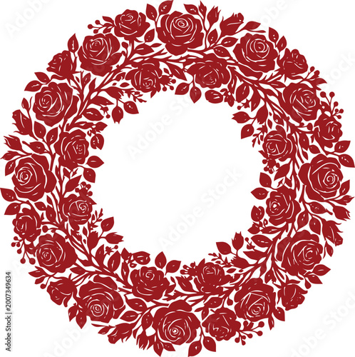 Vintage red rose wreath vector, elegant floral circular frame with blooming roses and leaves, romantic botanical border for wedding invitations isolated on White Background