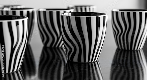 Black and white striped drinking glasses on a reflective surface
