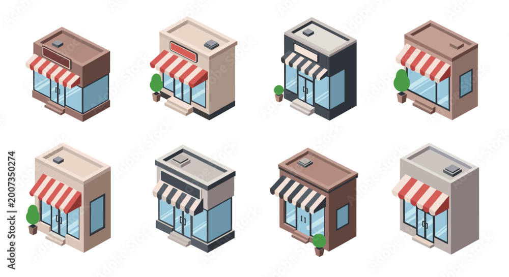 Fototapeta premium Set of eight isometric shop buildings with striped awnings in different colors and architectural styles for urban planning.