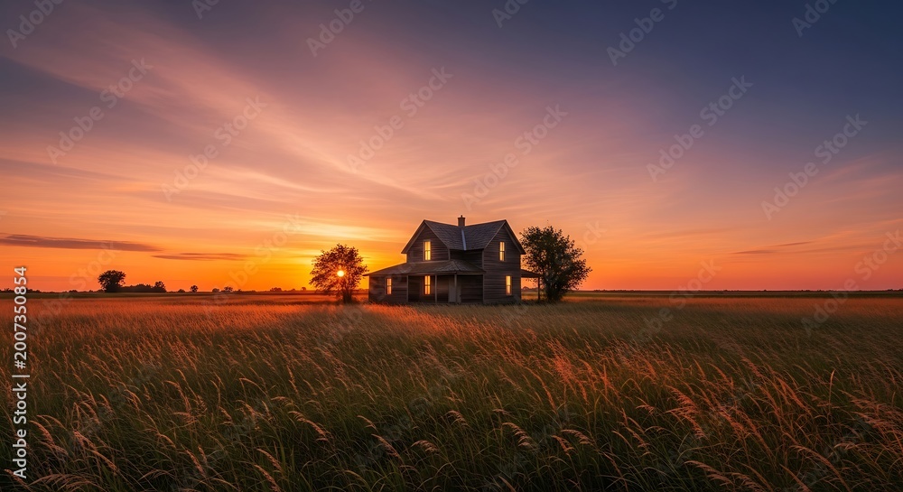 Fototapeta premium Abandoned farmhouse silhouette at sunset a nostalgic rural landscape scene