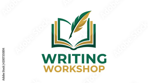 Billede på lærred This logo portrays a writing workshop concept, featuring an open book and a quill, symbolizing creativity, knowledge, and inspiration for aspiring writers and creators