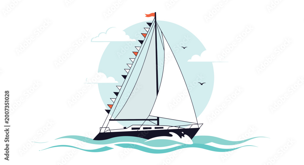 Naklejka premium Elegant white sailboat cruising smoothly on turquoise ocean waves with flying seagulls and a large sun background in modern flat vector design.