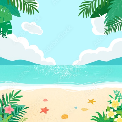 Bild auf Leinwand Tropical Beach Background with Sand, Sea Shells, Starfish and Palm Leaves