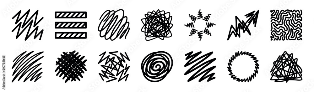 Fototapeta premium Hand-drawn black abstract scribble shapes collection featuring various chaotic doodles, messy lines, and graphic textures like zigzags, spirals, and hatching for creative design