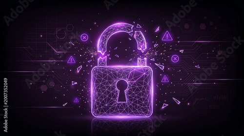 cyber security data breach concept with glowing purple broken padlock icon and warning symbols representing network hack system vulnerability digital crime and privacy risk