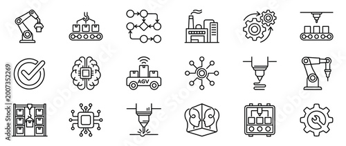 Set of industrial automation and robotics icons in a thin line style, illustrating smart factory concepts like AI, manufacturing, logistics, and automated production processes