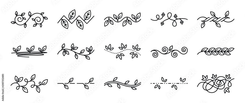 Obraz premium Collection of hand drawn floral dividers and botanical borders featuring elegant leaf ornaments, swirls, and vine decorations in a minimalist black line art doodle style