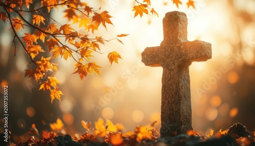 A Stone Cross Amidst Autumn Leaves A Symbol of Remembrance and Transition