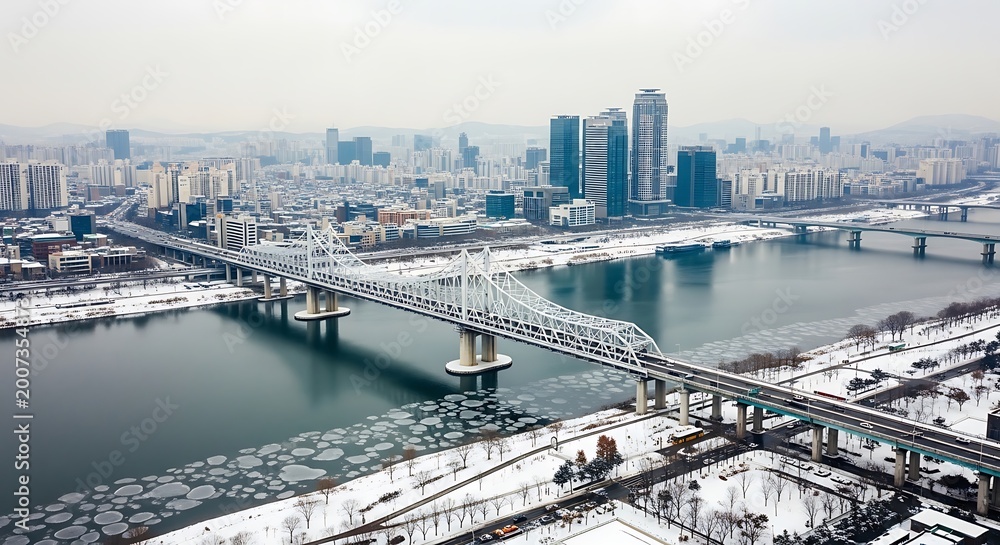 Fototapeta premium Aerial view of a large bridge over a river with urban skyline in background