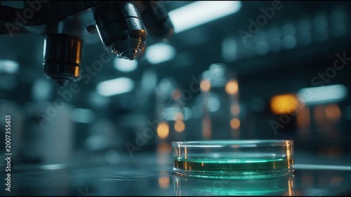 Scientist Pipettes Green Liquid into Petri Dish Under Microscope