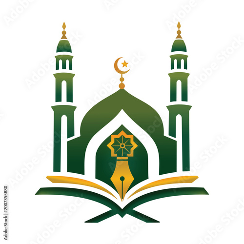 vector illustration of a religious icon, hthe Islamic logo features a mosque with a dome, minaret, crescent moon, as well as the Quran and pen.