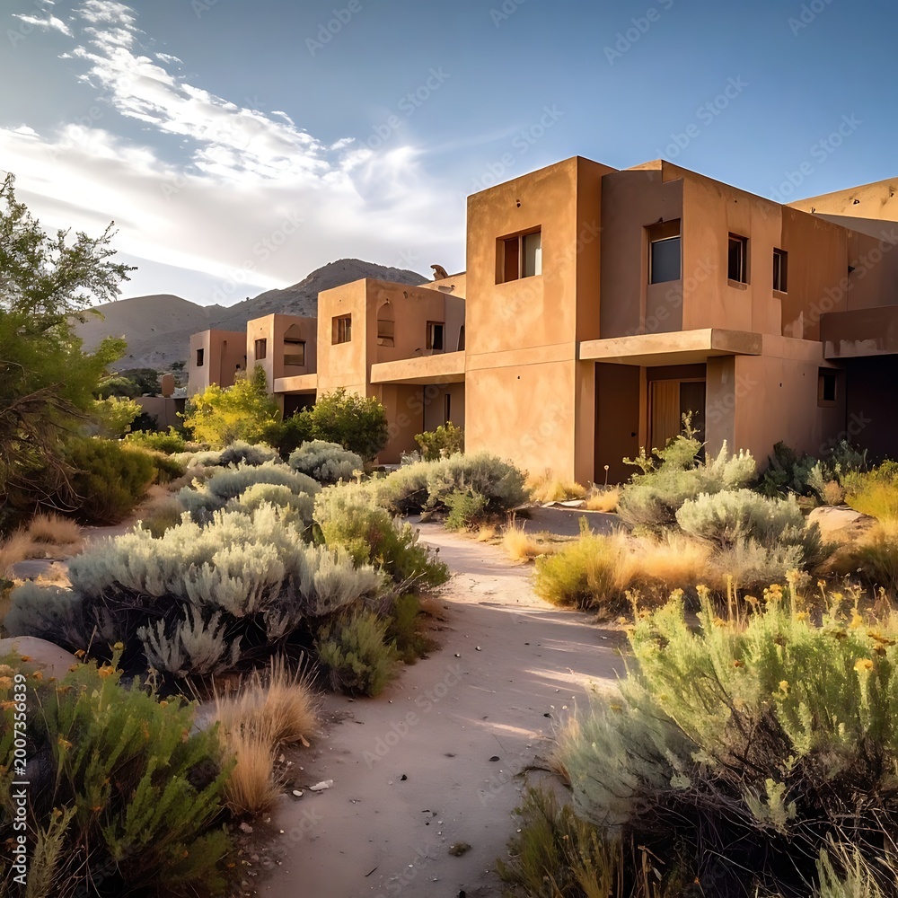Fototapeta premium A desert landscape with modern adobe houses and shrubs