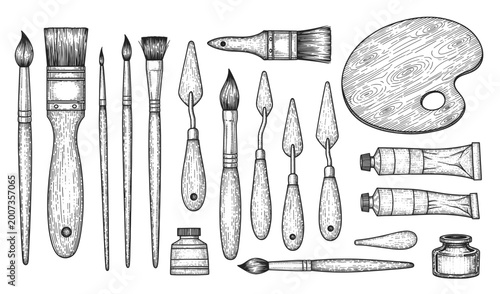 Art and Painting Tools Collection with Palette and Brushes. Hand drawn vintage engraved, vector illustration.