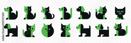 Cute Cat and Dog Icons Set, Flat Design Geometric Style, Black and Neon Green, Vector Illustration