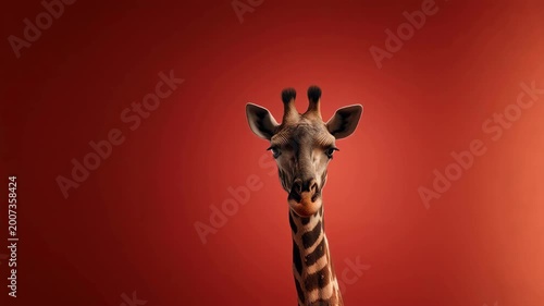 One tall beautiful giraffe looking directly at the camera in a red studio view.