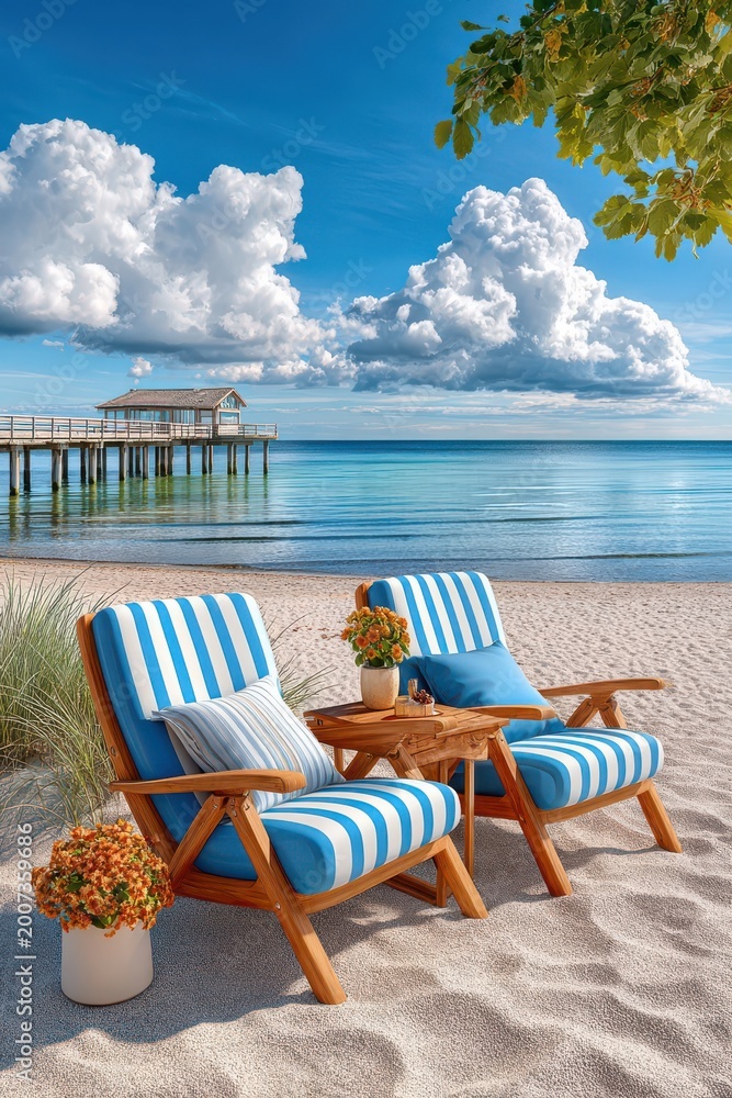Fototapeta premium Two striped beach chairs on a sandy shore with a wooden pier and dramatic clouds over calm sea