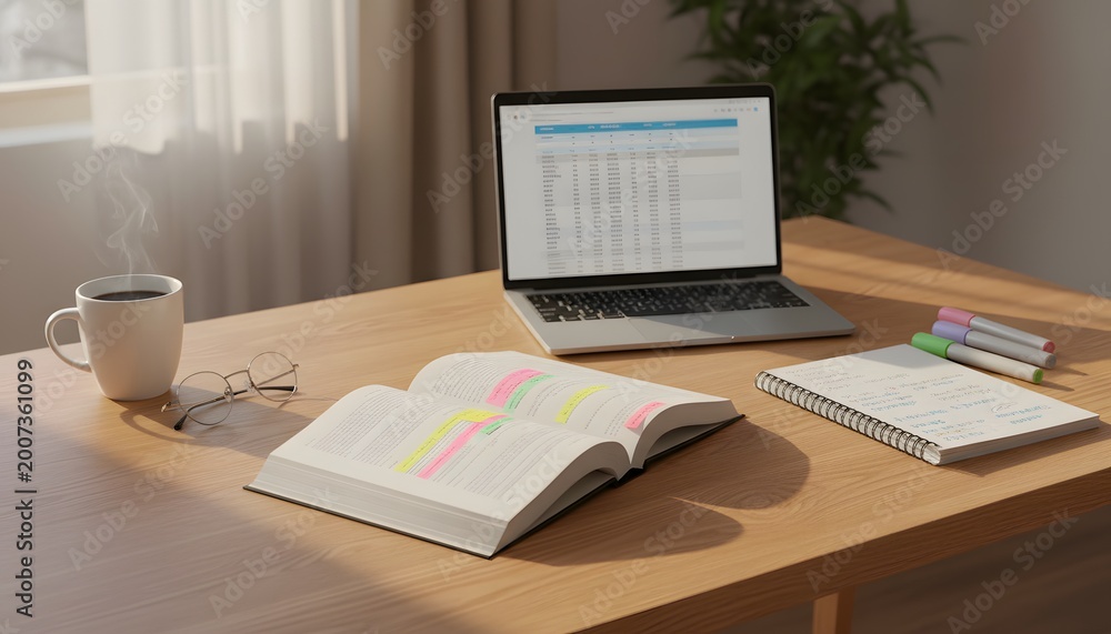 Fototapeta premium A morning routine studying for college success featuring textbook with highlights and laptop, representing the final school exams preparation concept in a bright home office setting
