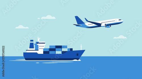 Global Logistics and Transportation Illustration Featuring Cargo Container Ship at Sea and Airplane in Sky for International Trade and Freight Services