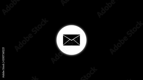 Animated glowing white email envelope icon shrinking on black background