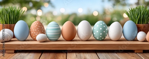 Pastel Easter eggs arranged on a wooden floorboard table with spring grass background