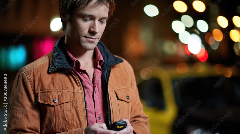 Fototapeta premium Driver checking breathalyzer beside parked car at night before calling taxi
