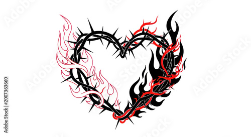Fotografi Heart Shape Crown of Thorns with Flames, Symbolizing Painful Love and Sacrifice