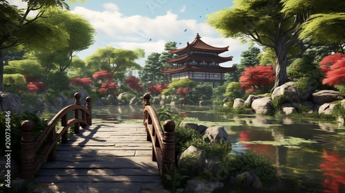 A tranquil Japanese garden with a serene pond, ornamental bridge, and perfectly pruned trees.