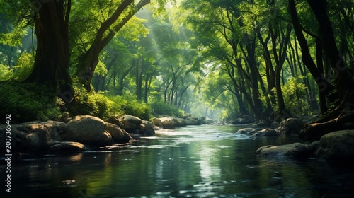 A tranquil river winding through a forest, reflecting the lush green canopy.