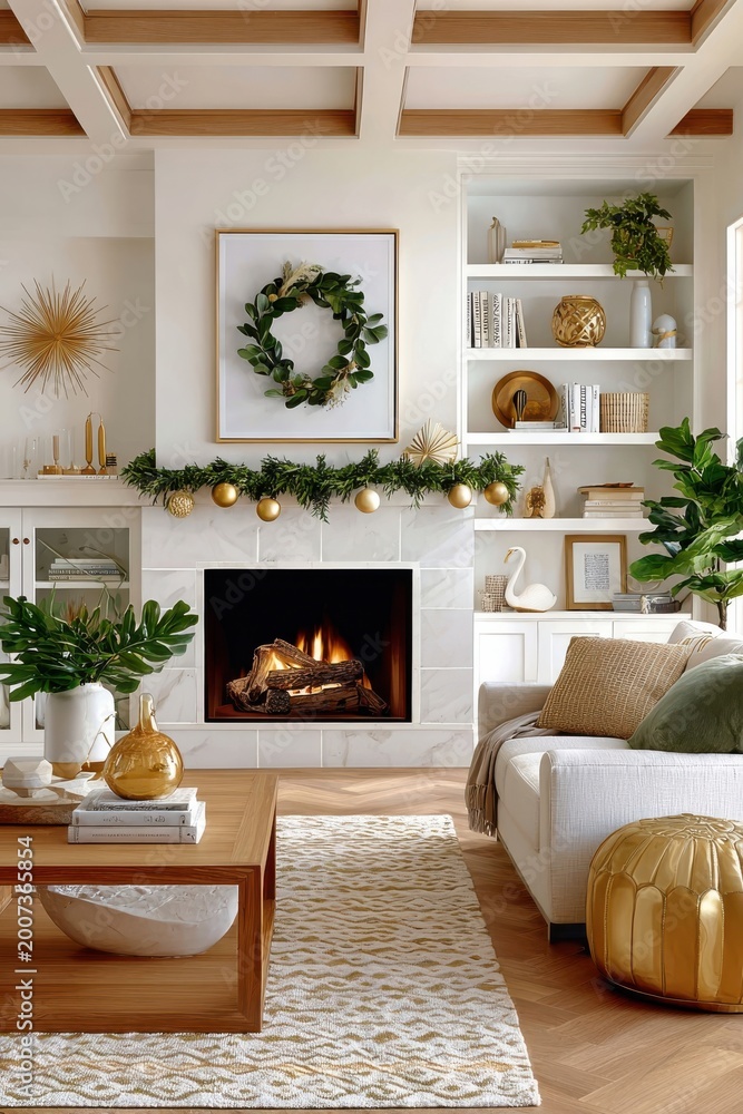 Fototapeta premium Cozy modern living room with fireplace, Christmas wreath and gold holiday decor
