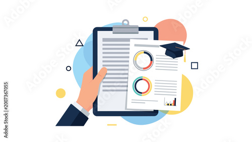 Hand holding academic evaluation report with graduation cap and statistical charts representing educational success.
