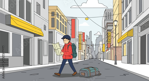 Cuadro en lienzo Young traveler with backpack and map exploring city streets.