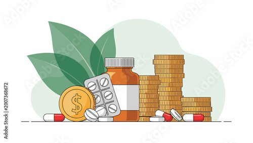 Healthcare costs and medical expenses concept features a medicine bottle and pills next to stacks of gold coins.