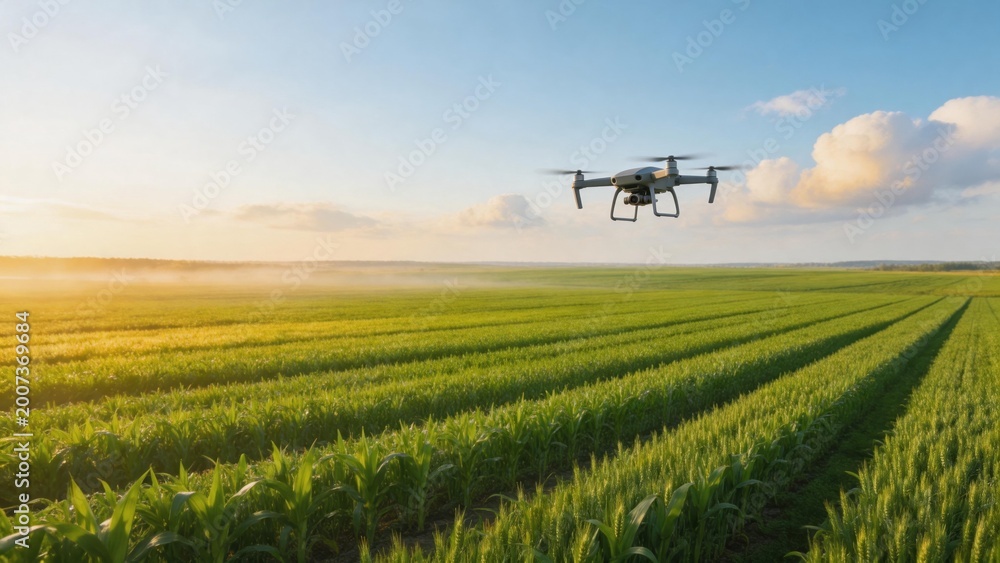 Fototapeta premium Drone flying over green crop field