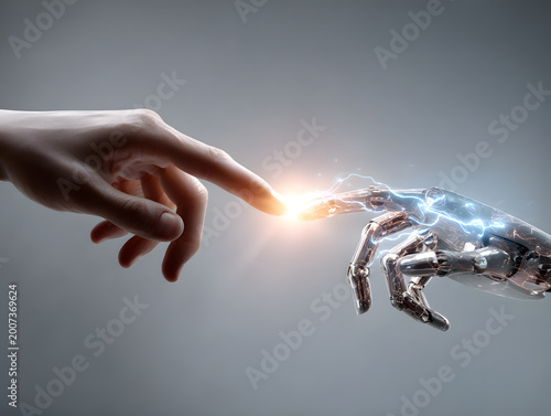 Connection between human hand and robotic hand with energy spark in a dark background
