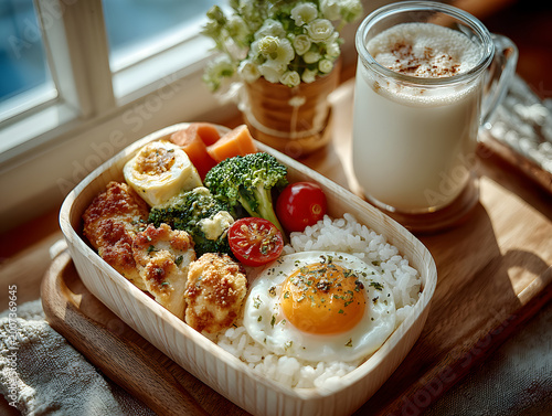 Delicious meal with rice, vegetables, and egg served in a wooden tray beside a drink and flowers near a window