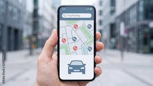 Canvastavla Hand Holding Smartphone Showing Parking Finder App with GPS Map, Location Pins a