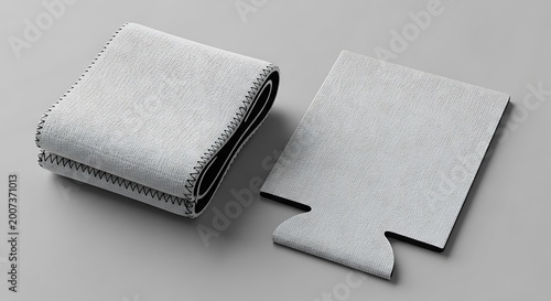 Blank light grey neoprene foam beer can cooler sleeves for branding and promotional design mockups. koozie mockup