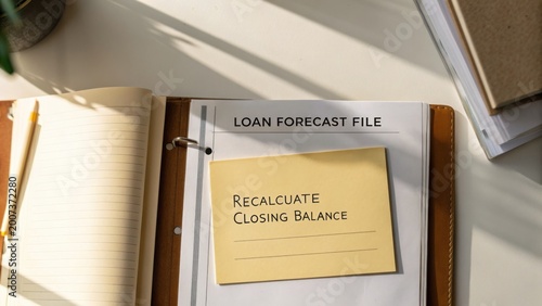 Loan Forecast File Folder with Recalculate Closing Balance Note Under Warm Light