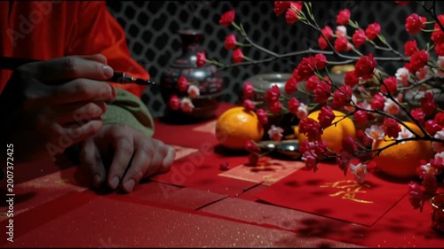Chinese Calligraphy Writing Spring Festival Blessing on Red Paper