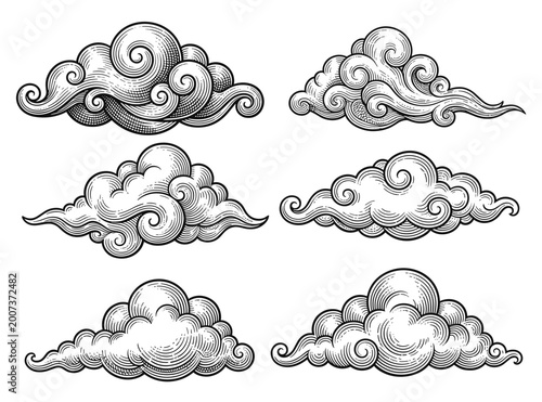 Canvas Print Clouds with Swirled Line Art in Sketch Style