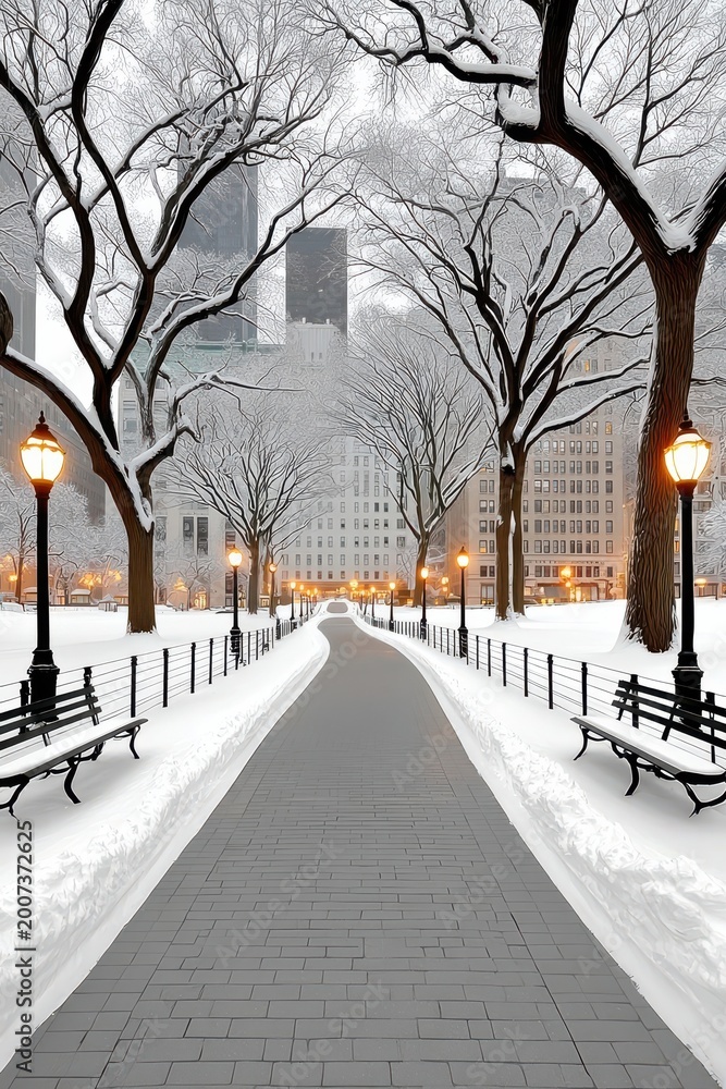 Fototapeta premium Central Park winter scene with snow-covered path, bare trees and glowing lamp posts in the city