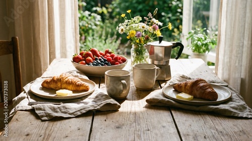 Breakfast table with croissants, coffee, and fresh berries by window  